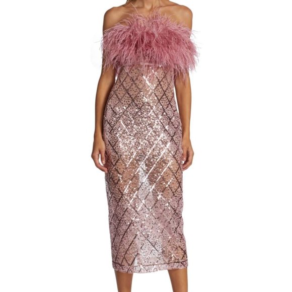 Bronx and Banco Dresses & Skirts - NWT BRONX AND BANCO Coco x Afiya Sequin Ostrich Feather Midi Dress Rose Pink